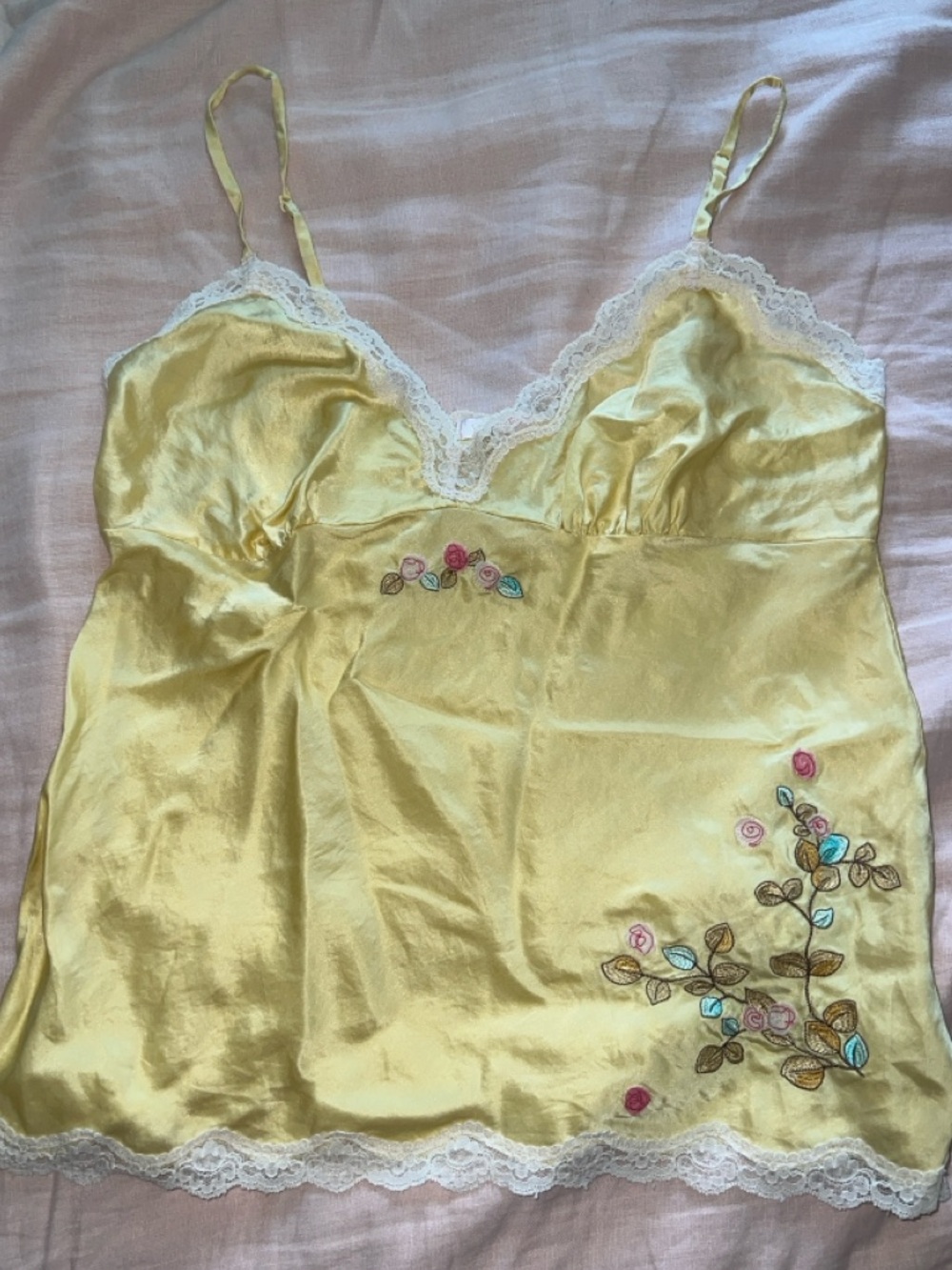 Vintage Victoria’s Secret Silk Camisole Yellow Lace Trim Embroidered Size S